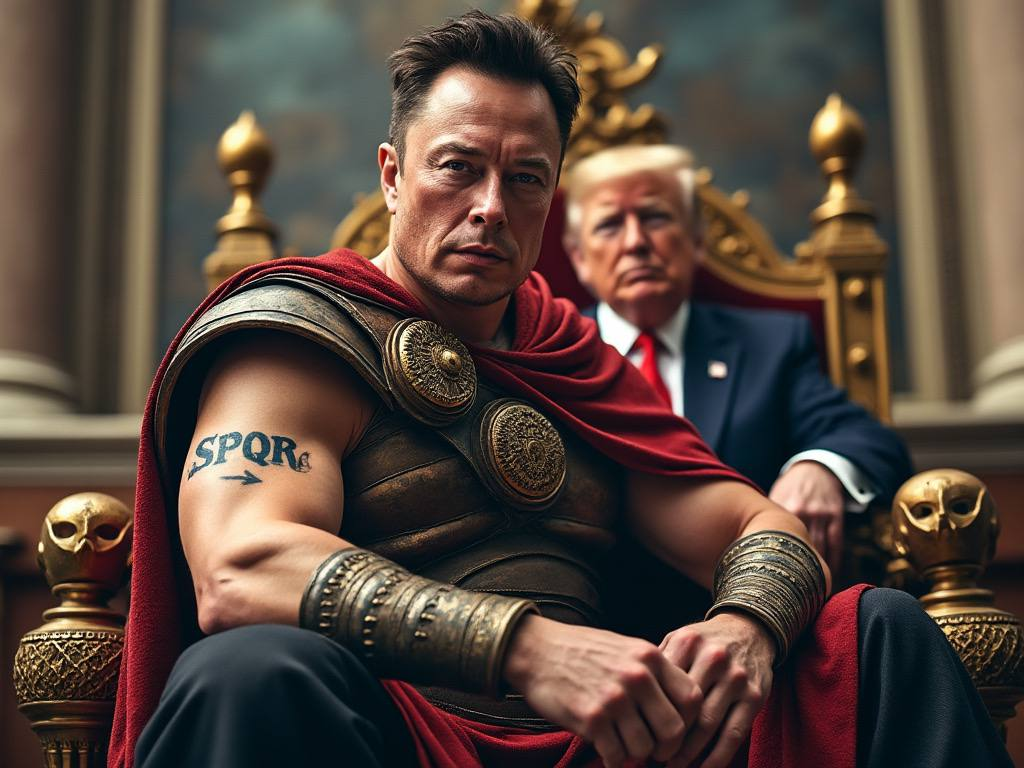 Close-up shot of Elon Musk as Roman centurion on throne with Donald Trump behind, wearing red cape and golden armor with SPQR tattoo, grand hall setting